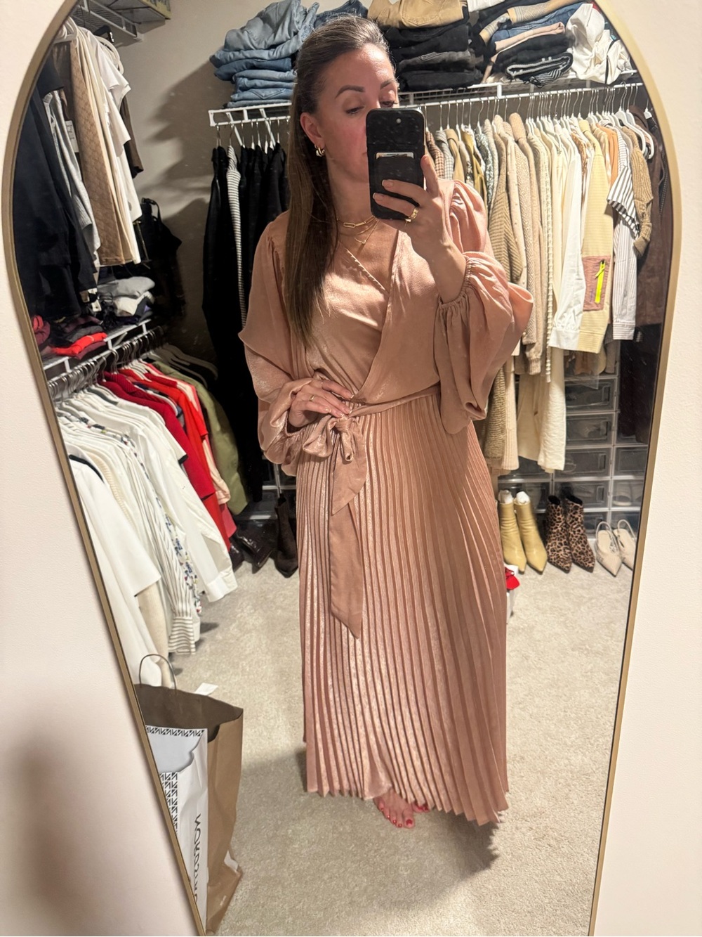 Aura Blush Pink Satin Pleated Maxi Wrap Dress